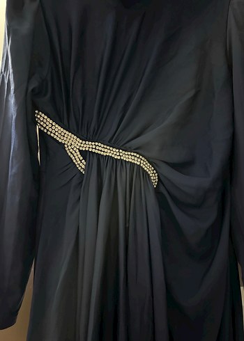 Klasik Drapeli Uzun Lacivert Kadın Elbise - Görsel 3