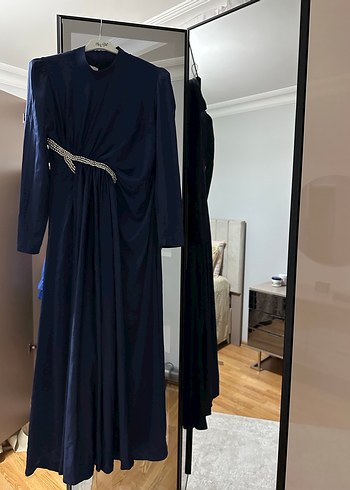 Klasik Drapeli Uzun Lacivert Kadın Elbise - Görsel 5