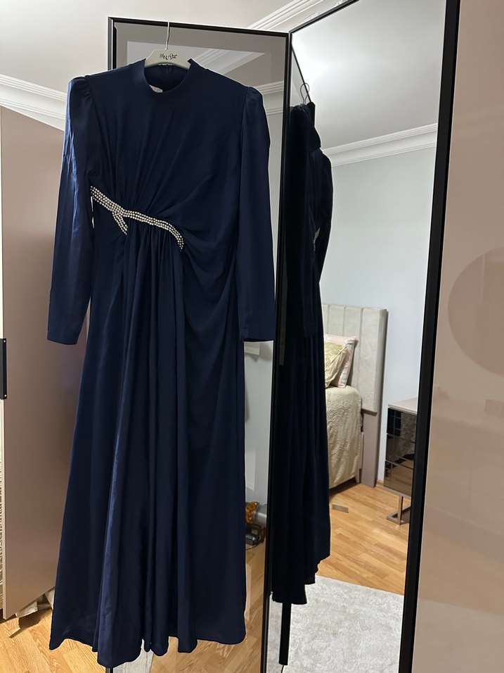 Klasik Drapeli Uzun Lacivert Kadın Elbise - Görsel 2