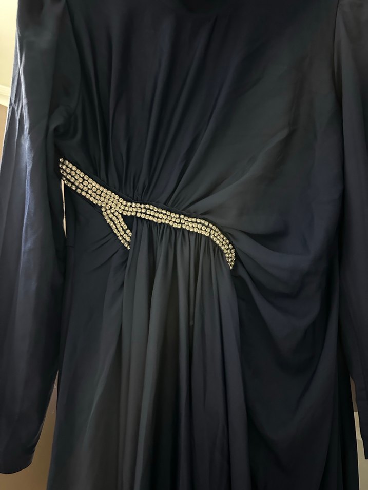 Klasik Drapeli Uzun Lacivert Kadın Elbise - Görsel 3