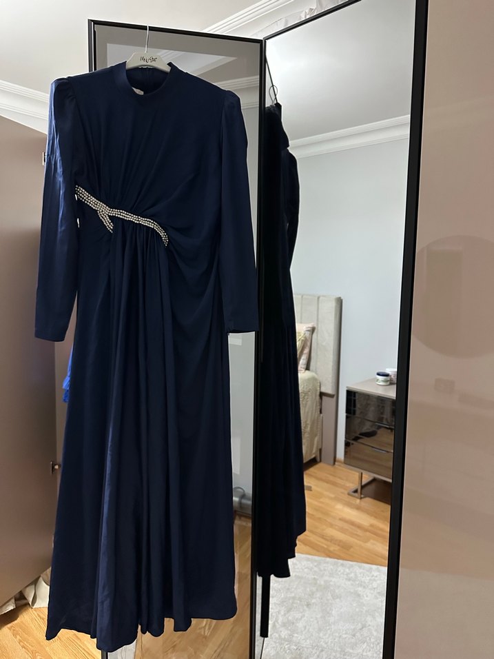 Klasik Drapeli Uzun Lacivert Kadın Elbise - Görsel 5