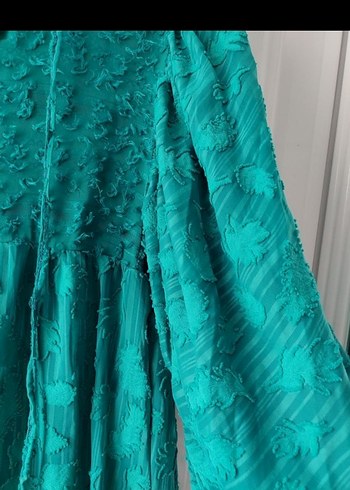 Uzun Turkuaz Bohem Nakışlı Keten Elbise - Görsel 3