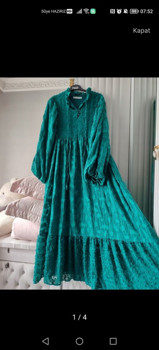 Uzun Turkuaz Bohem Nakışlı Keten Elbise - Görsel 2