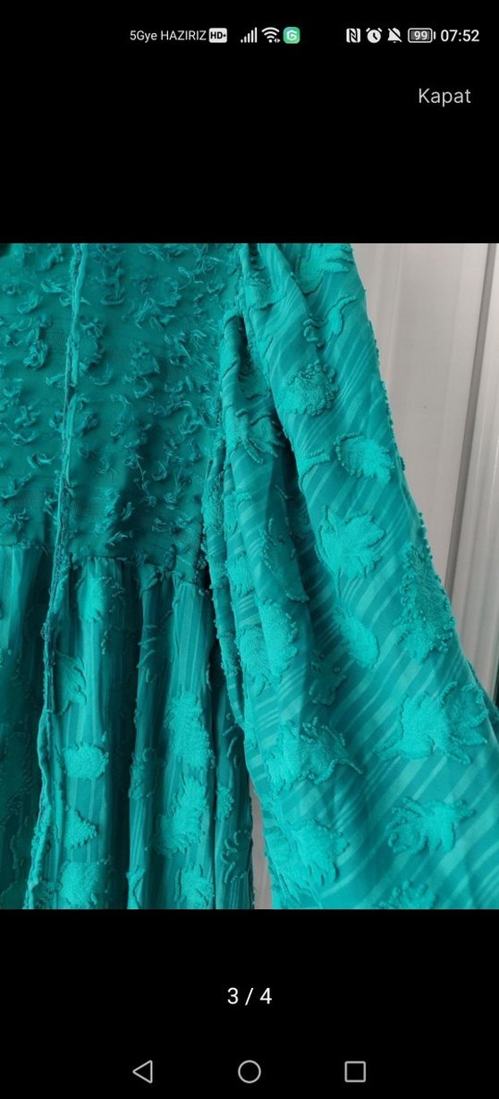 Uzun Turkuaz Bohem Nakışlı Keten Elbise - Görsel 3