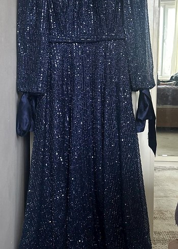 Parlak Lacivert Uzun Kollu  Abiye - Görsel 5