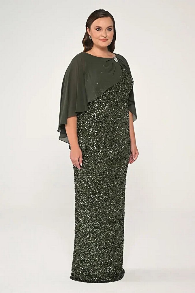 Oleg Cassini Kadın Haki Uzun Abiye Elbise - Görsel 3