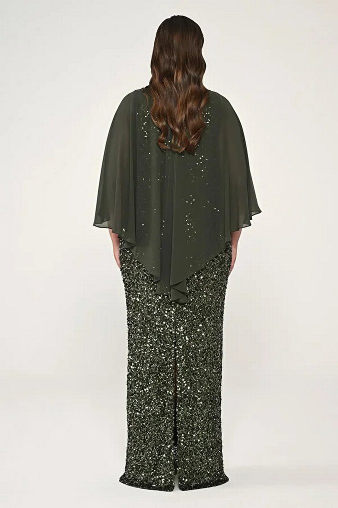 Oleg Cassini Kadın Haki Uzun Abiye Elbise - Görsel 2