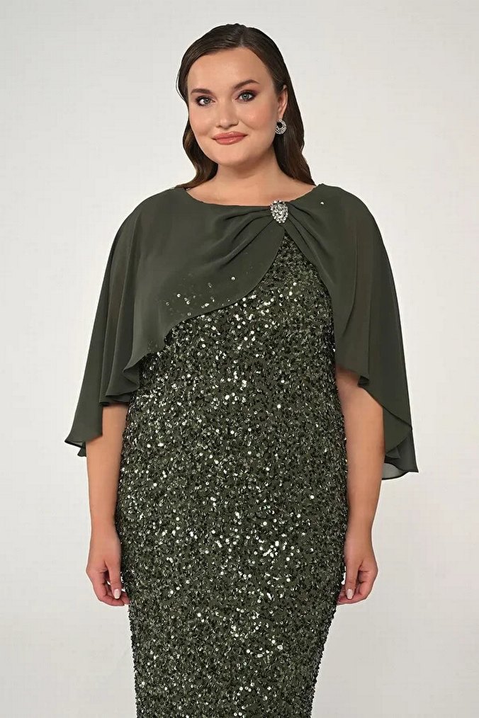 Oleg Cassini Kadın Haki Uzun Abiye Elbise - Görsel 4