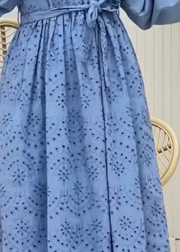 Mavi Nakışlı Uzun Bohem Elbise