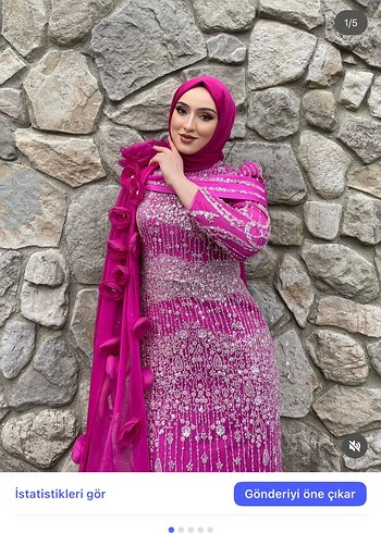 Pembe Uzun Kollu Drapeli Tesettür Abiye