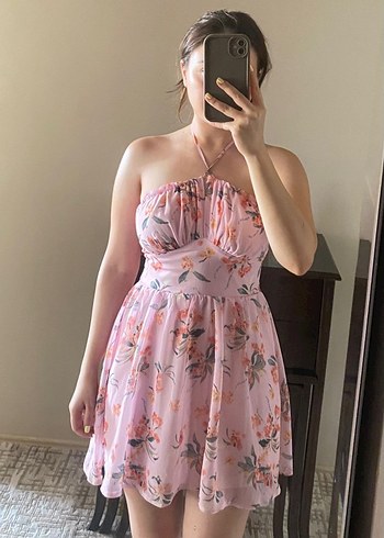Pembe Straplez Midi Bohem Elbise
