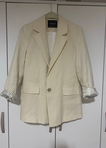 Bej Keten Midi Blazer, Düğmeli, Regular Fit