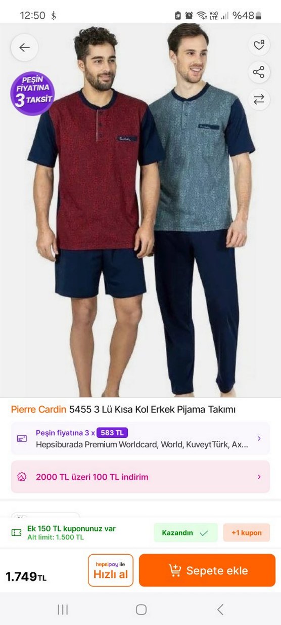 Pierre Cardin 3 parça Erkek Pijama Takımı. Kısa Kollu sıfır - Görsel 3