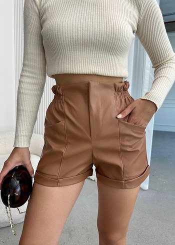 Beli lastikli deri şort kahve H24605 - Görsel 4