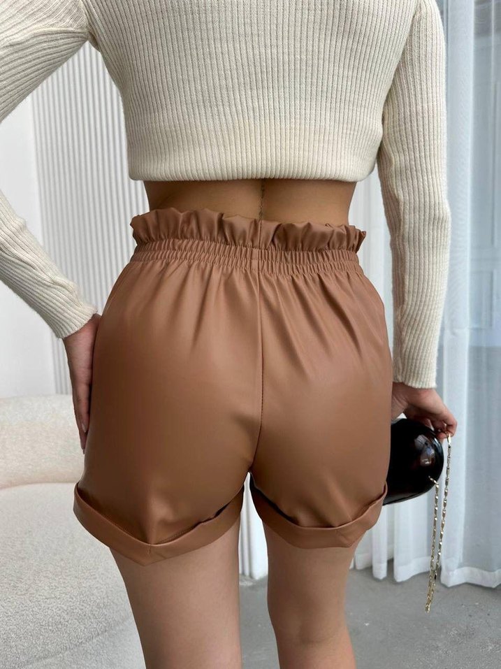Beli lastikli deri şort kahve H24605 - Görsel 2