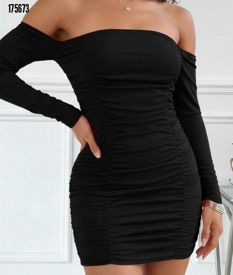 uzun kollu omuzlardan açık takma kollu büzgülü sandy kısa elbise - Görsel 2