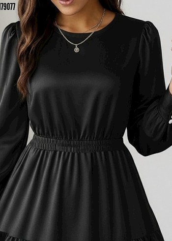 kollu bisiklet yaka beli lastikli fırfırlı ithal krep elbise - Görsel 2