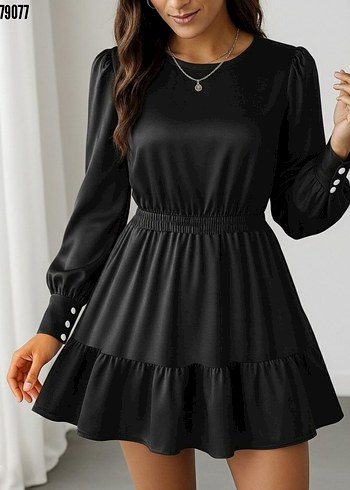 kollu bisiklet yaka beli lastikli fırfırlı ithal krep elbise - Görsel 3