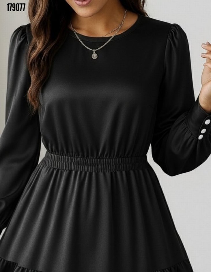 kollu bisiklet yaka beli lastikli fırfırlı ithal krep elbise - Görsel 4