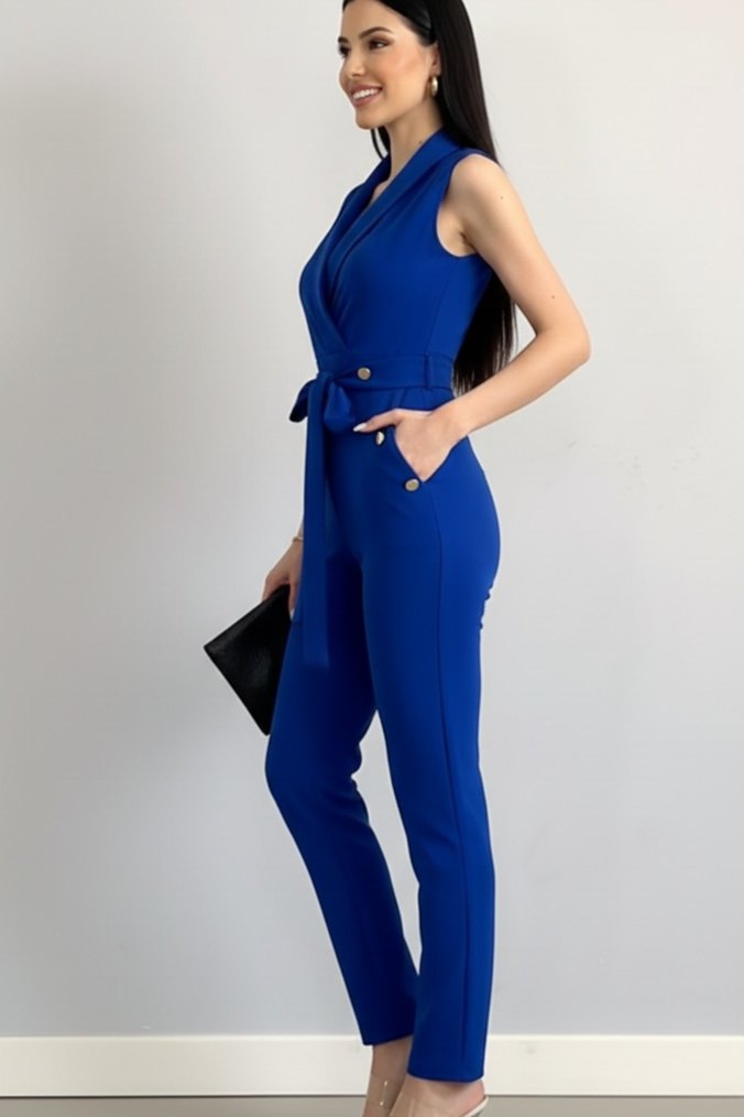 Kadın Gold Düğmeli Krep Kumaş Kendinden Kuşaklı Tulum 
DF-5002 - Görsel 2