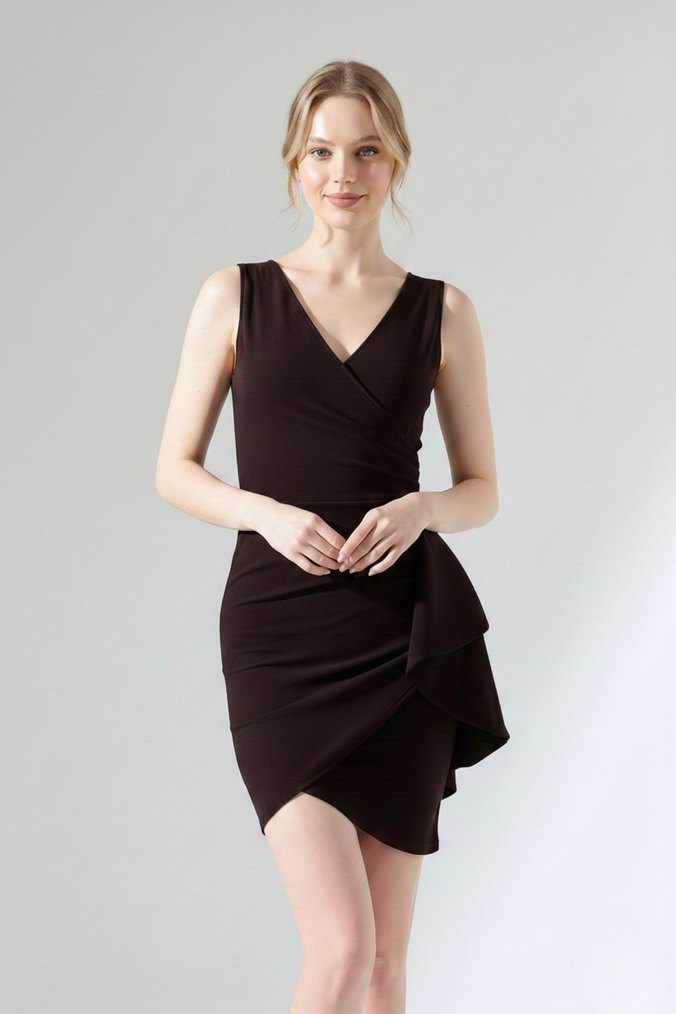 Kadın Krep Kumaş Kalın Askılı Volan Detay Mini Elbise DF-2024 - Görsel 4