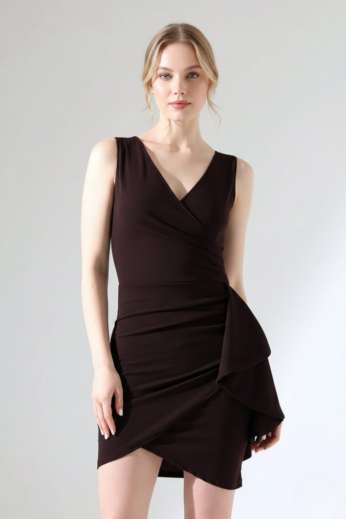 Kadın Krep Kumaş Kalın Askılı Volan Detay Mini Elbise DF-2024 - Görsel 2