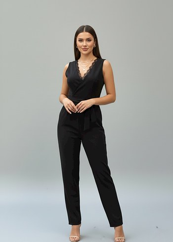 Kadın Dantel Detaylı Kuşaklı Ithal Krep Kumaş TulumDF-5007 - Görsel 3