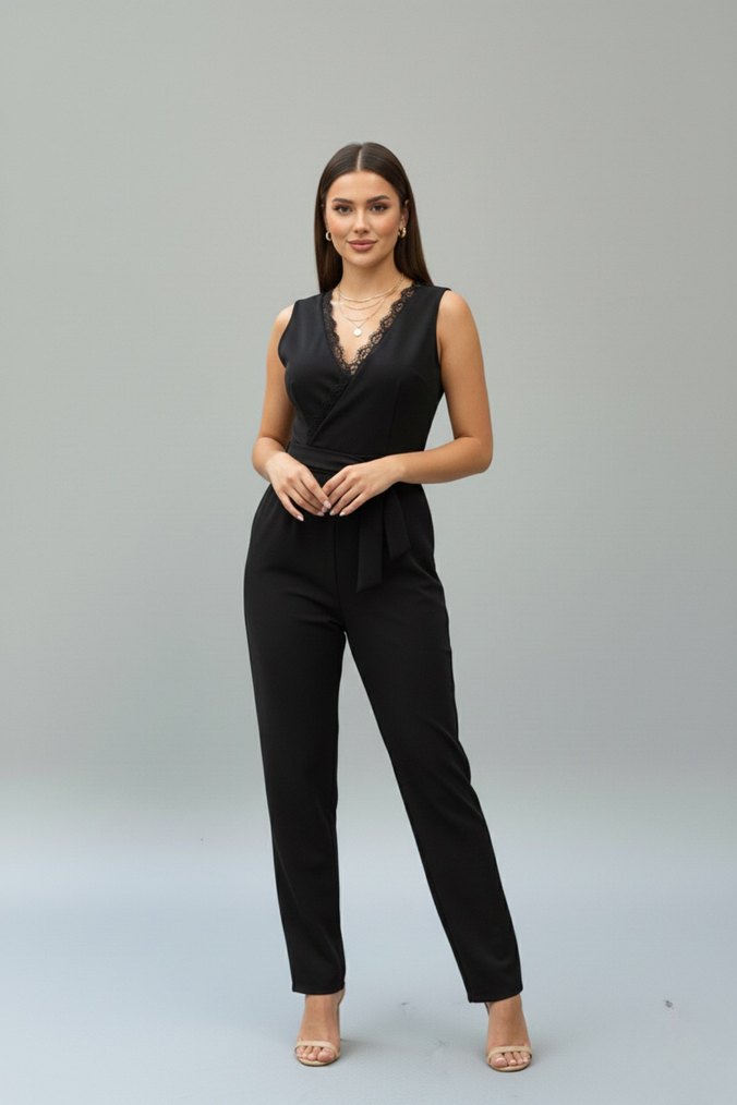 Kadın Dantel Detaylı Kuşaklı Ithal Krep Kumaş TulumDF-5007 - Görsel 3