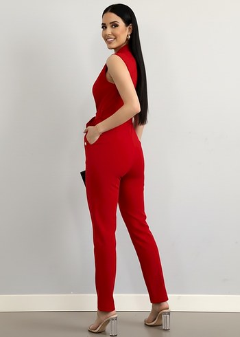 Kadın Gold Düğmeli Krep Kumaş Kendinden Kuşaklı Tulum  - Görsel 3