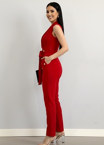 Kadın Gold Düğmeli Krep Kumaş Kendinden Kuşaklı Tulum  - Görsel 4