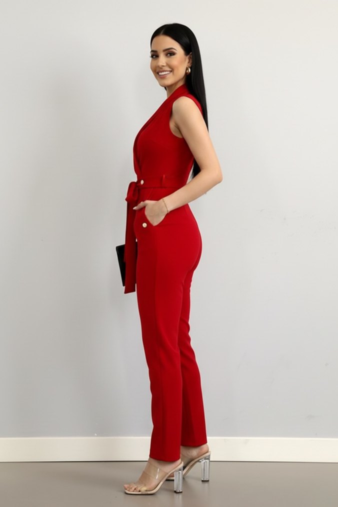 Kadın Gold Düğmeli Krep Kumaş Kendinden Kuşaklı Tulum  - Görsel 4