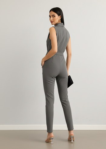 Kadın Gold Düğmeli Krep Kumaş Kendinden Kuşaklı Tulum 
DF-5002 - Görsel 4