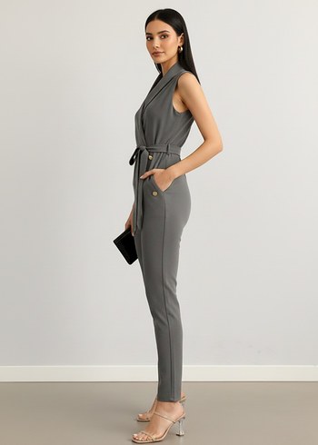 Kadın Gold Düğmeli Krep Kumaş Kendinden Kuşaklı Tulum 
DF-5002 - Görsel 2