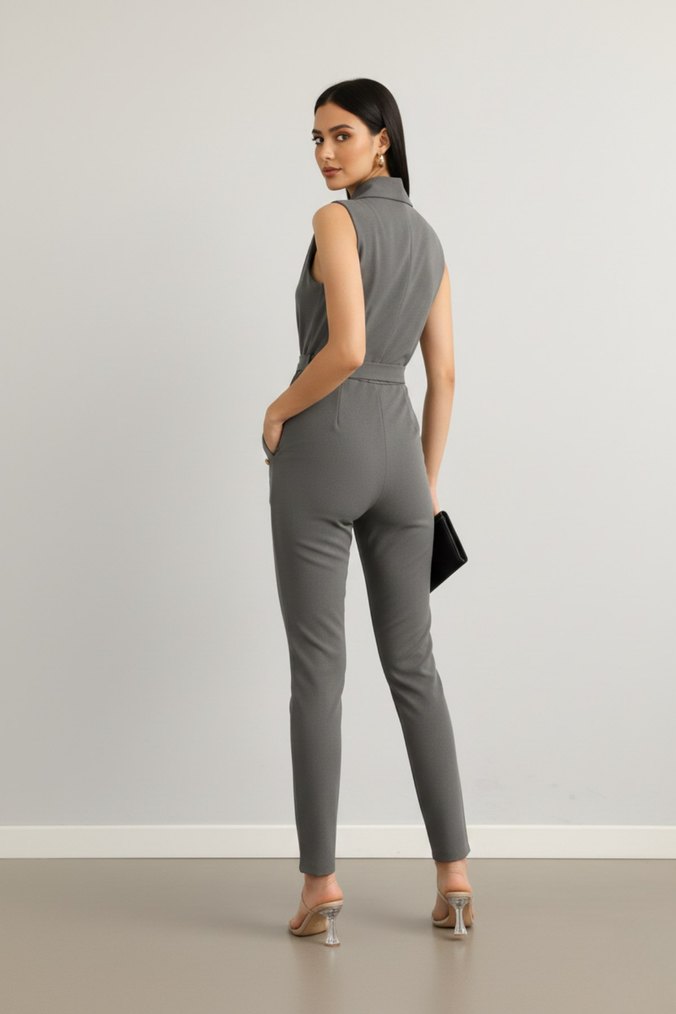 Kadın Gold Düğmeli Krep Kumaş Kendinden Kuşaklı Tulum 
DF-5002 - Görsel 4