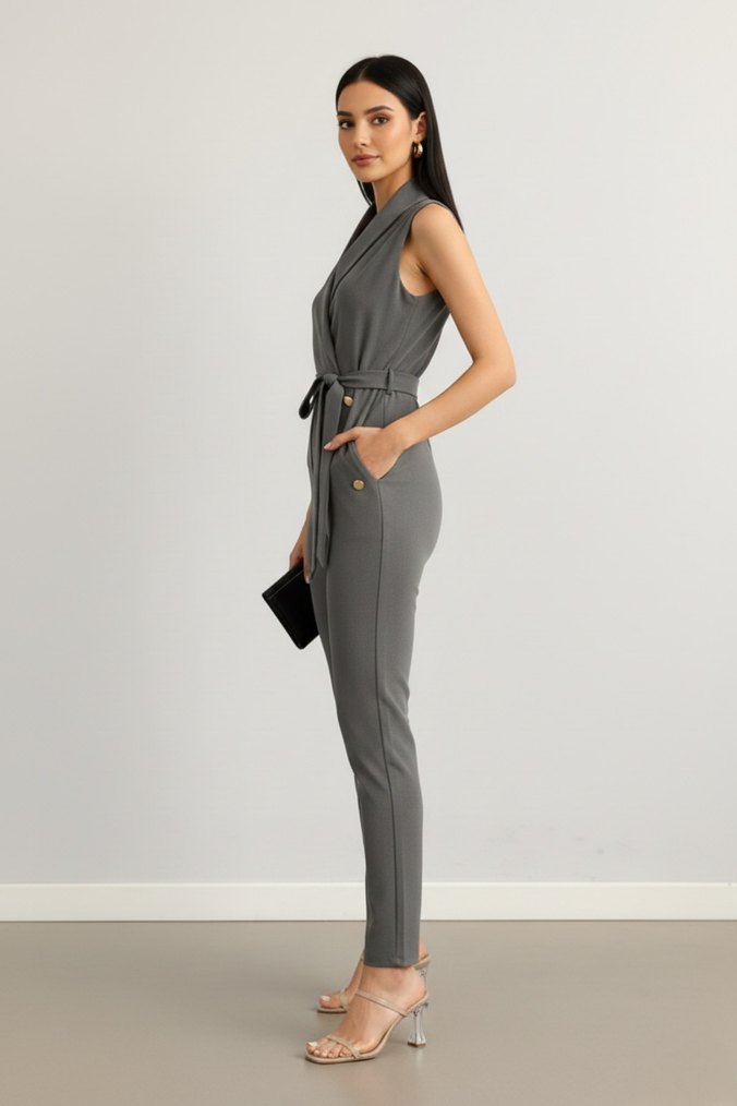 Kadın Gold Düğmeli Krep Kumaş Kendinden Kuşaklı Tulum 
DF-5002 - Görsel 2