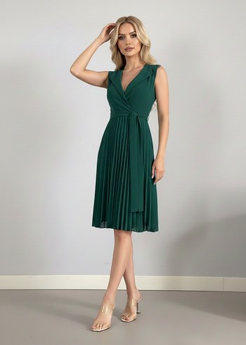 Kadın Pliseli Ve Kuşaklı Sıfır Kol Yakalı Kuşaklı ElbiseDF-2014 - Görsel 3