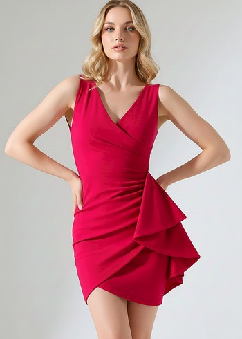 Kadın Krep Kumaş Kalın Askılı Volan Detay Mini Elbise DF-2024 - Görsel 2