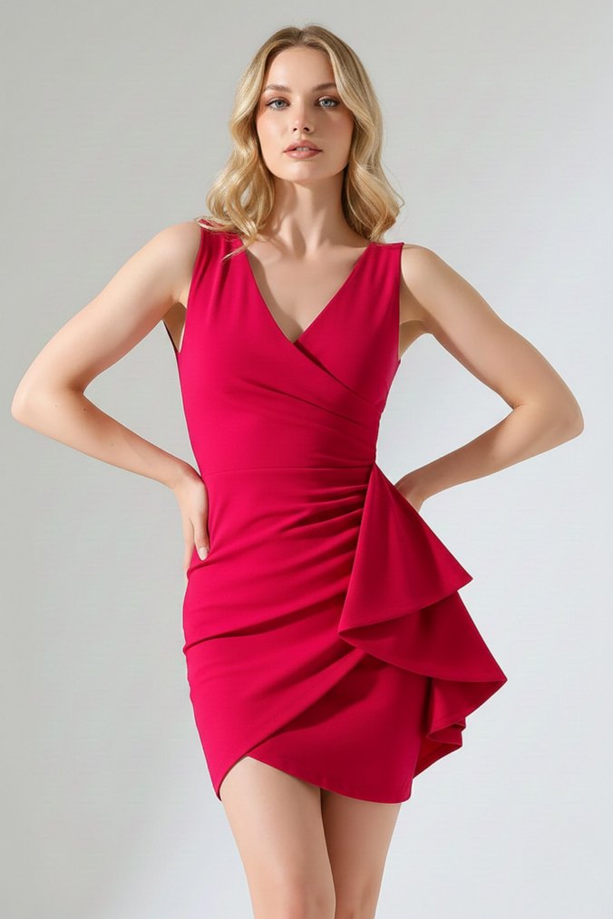 Kadın Krep Kumaş Kalın Askılı Volan Detay Mini Elbise DF-2024 - Görsel 2