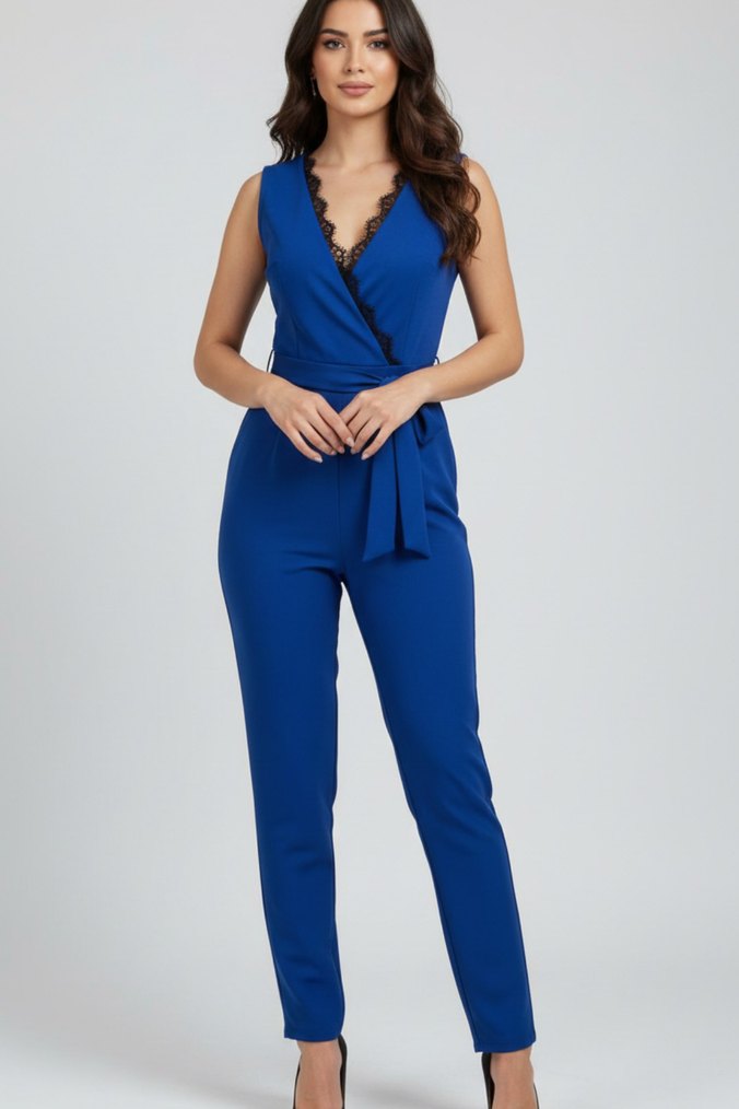 Kadın Dantel Detaylı Kuşaklı Ithal Krep Kumaş Tulum - Görsel 2