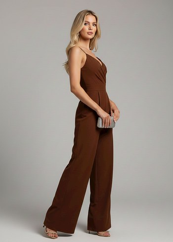 Kadın Kruvaze Yaka İthal Krep Kumaş Tulum  - Görsel 3