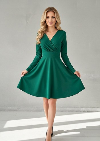  Kadın Kruvaze Yaka Krep Kumaş Uzun Kol Kloş Elbise  - Görsel 3