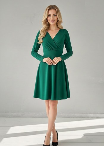  Kadın Kruvaze Yaka Krep Kumaş Uzun Kol Kloş Elbise  - Görsel 4