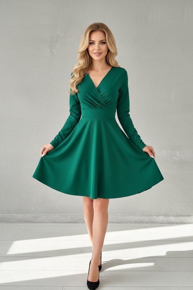  Kadın Kruvaze Yaka Krep Kumaş Uzun Kol Kloş Elbise  - Görsel 3