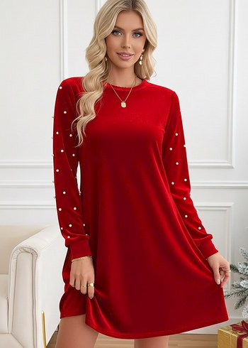 Kadın İnci Detay Yuvarlak Yaka Uzun Kollu Kadife Kumaş Elbise  - Görsel 2