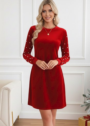 Kadın İnci Detay Yuvarlak Yaka Uzun Kollu Kadife Kumaş Elbise  - Görsel 3