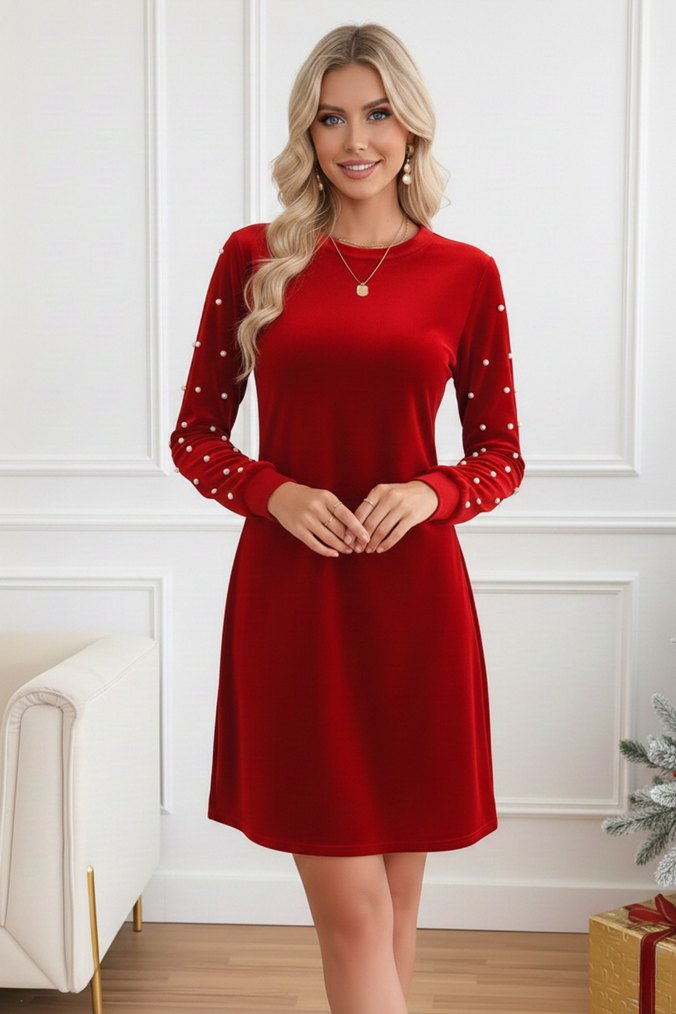 Kadın İnci Detay Yuvarlak Yaka Uzun Kollu Kadife Kumaş Elbise  - Görsel 3