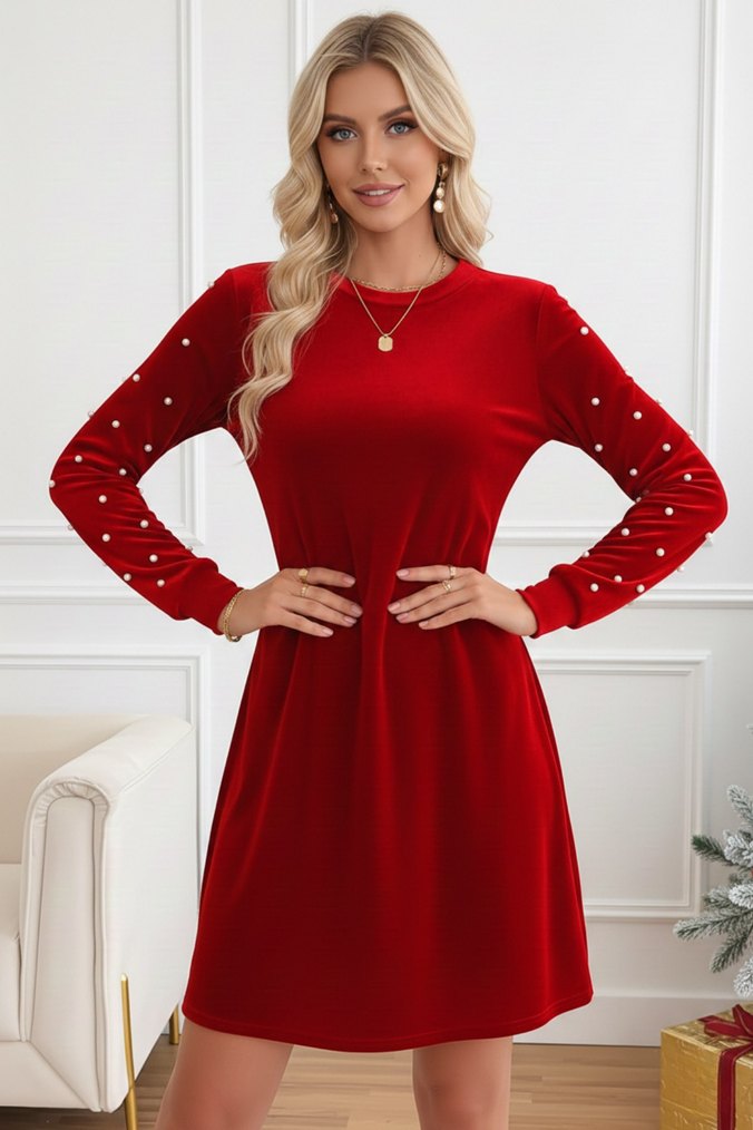 Kadın İnci Detay Yuvarlak Yaka Uzun Kollu Kadife Kumaş Elbise  - Görsel 4