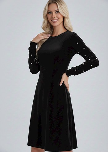 Kadın İnci Detay Yuvarlak Yaka Uzun Kollu Kadife Kumaş Elbise  - Görsel 2