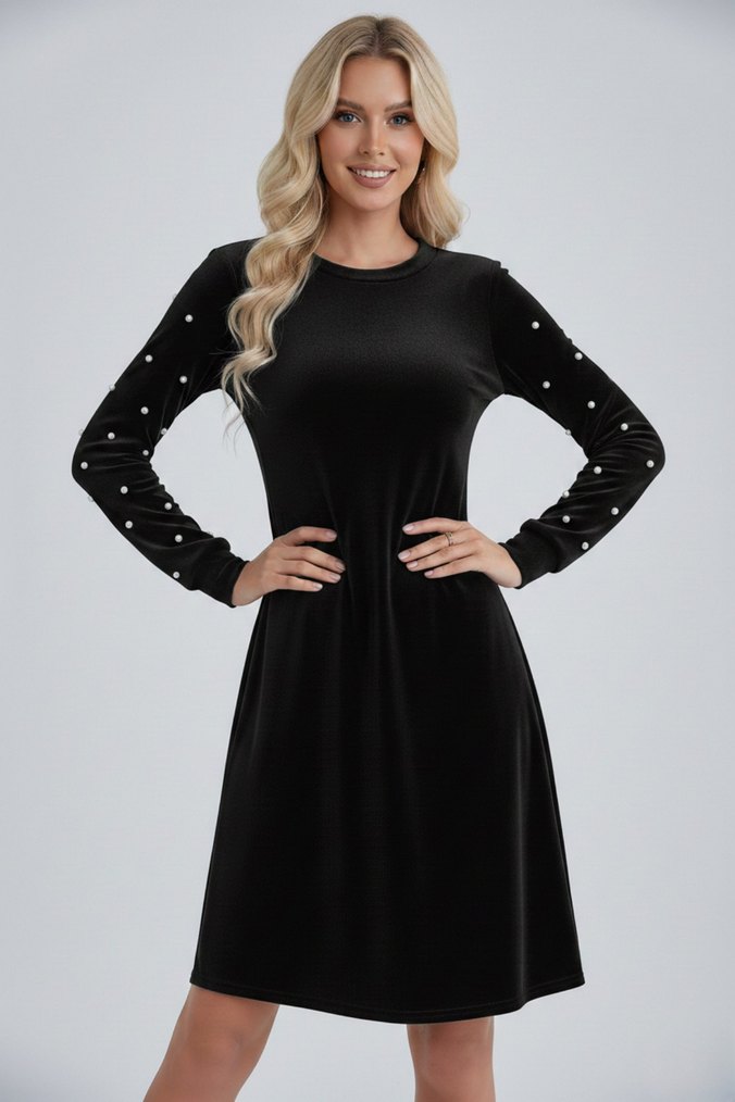 Kadın İnci Detay Yuvarlak Yaka Uzun Kollu Kadife Kumaş Elbise  - Görsel 3