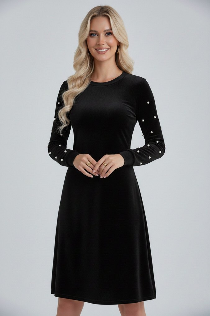 Kadın İnci Detay Yuvarlak Yaka Uzun Kollu Kadife Kumaş Elbise  - Görsel 4